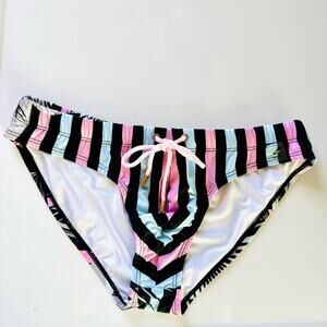 MENS ALONG Black Pink Blue Stripe Grey Floral Print Swim Bikini Brief Speedo S